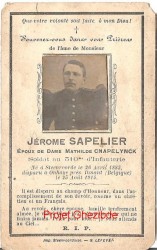 Jérôme SAPELIER (victime de guerre) époux de Dame Mathilde CNAPELYNCK, décédé à Onhaye, le 23 Août 1914 (31 ans).